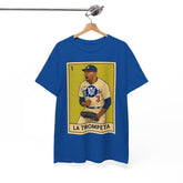 Blue t-shirt with a graphic of a baseball player and text on a hanger against a white background