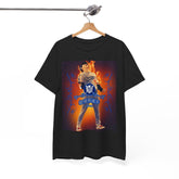 Black t-shirt with a graphic of a baseball player on a hanger against a white background