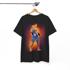 Black t-shirt with a graphic of a baseball player on a hanger against a white background