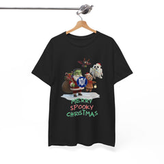 Holiday Merry Spooky Characters Christmas Tee Shirt - Unisex Heavy Cotton Casual Fit