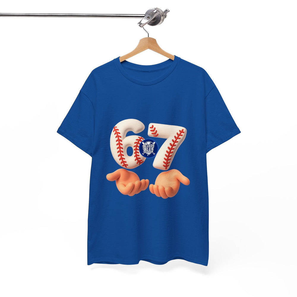 Blue t-shirt with a graphic design of two hands holding a baseball with the number 67 on a hanger against a white background.