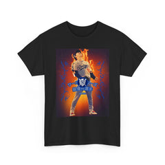Black t-shirt with a graphic of a baseball player and text on a white background