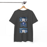 Dark gray t-shirt with sports-themed design on a hanger against a white background