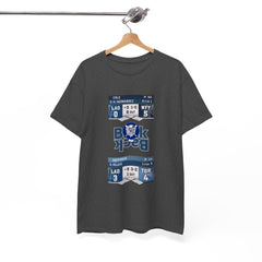 Dark gray t-shirt with sports-themed design on a hanger against a white background