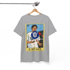 Roki Sasaki El Seis Siete Retro Lotería Baseball Tee — Vintage Player Card Design