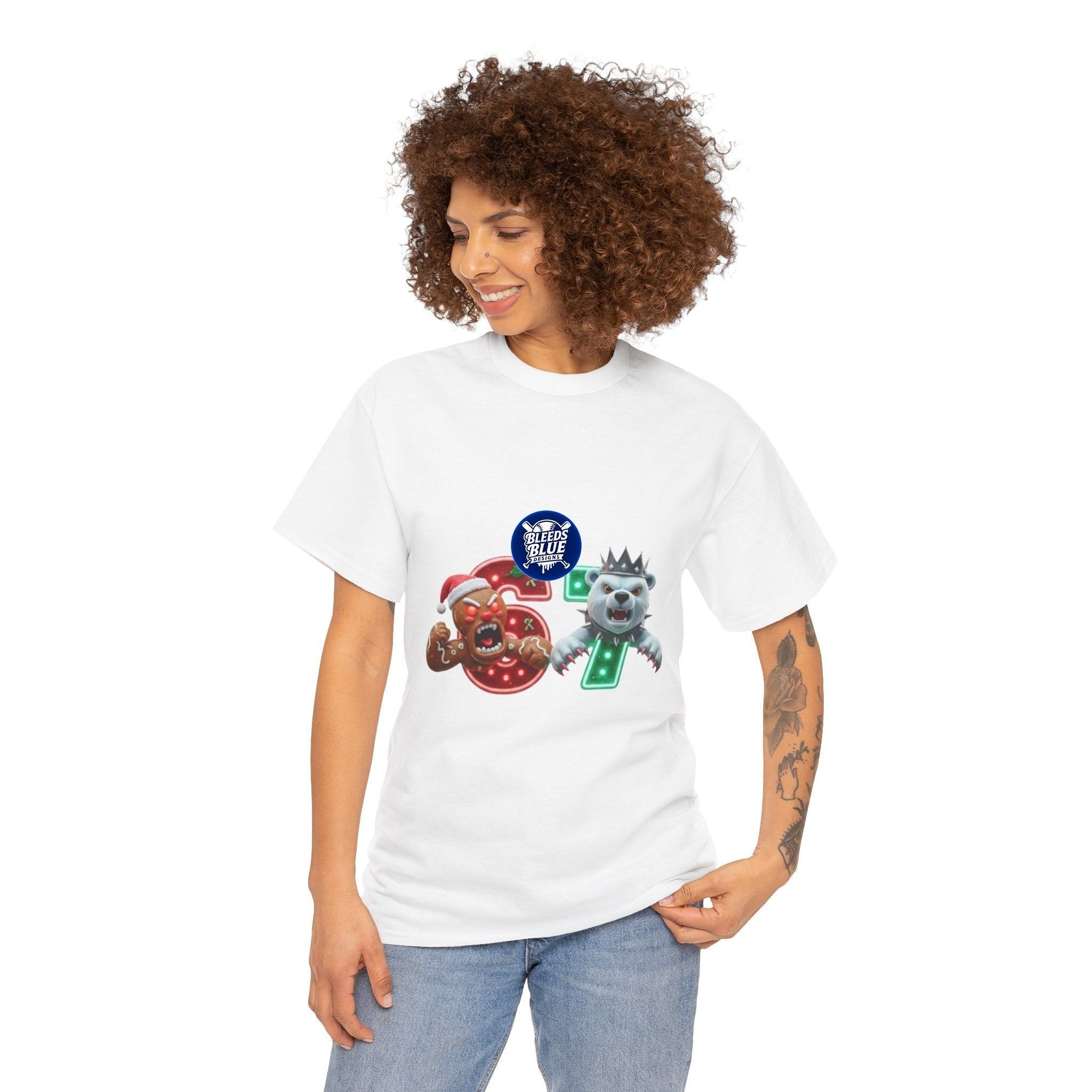Holiday Christmas Gingerbread and Polar 67 Tee Shirt - Unisex Heavy Cotton Casual Fit