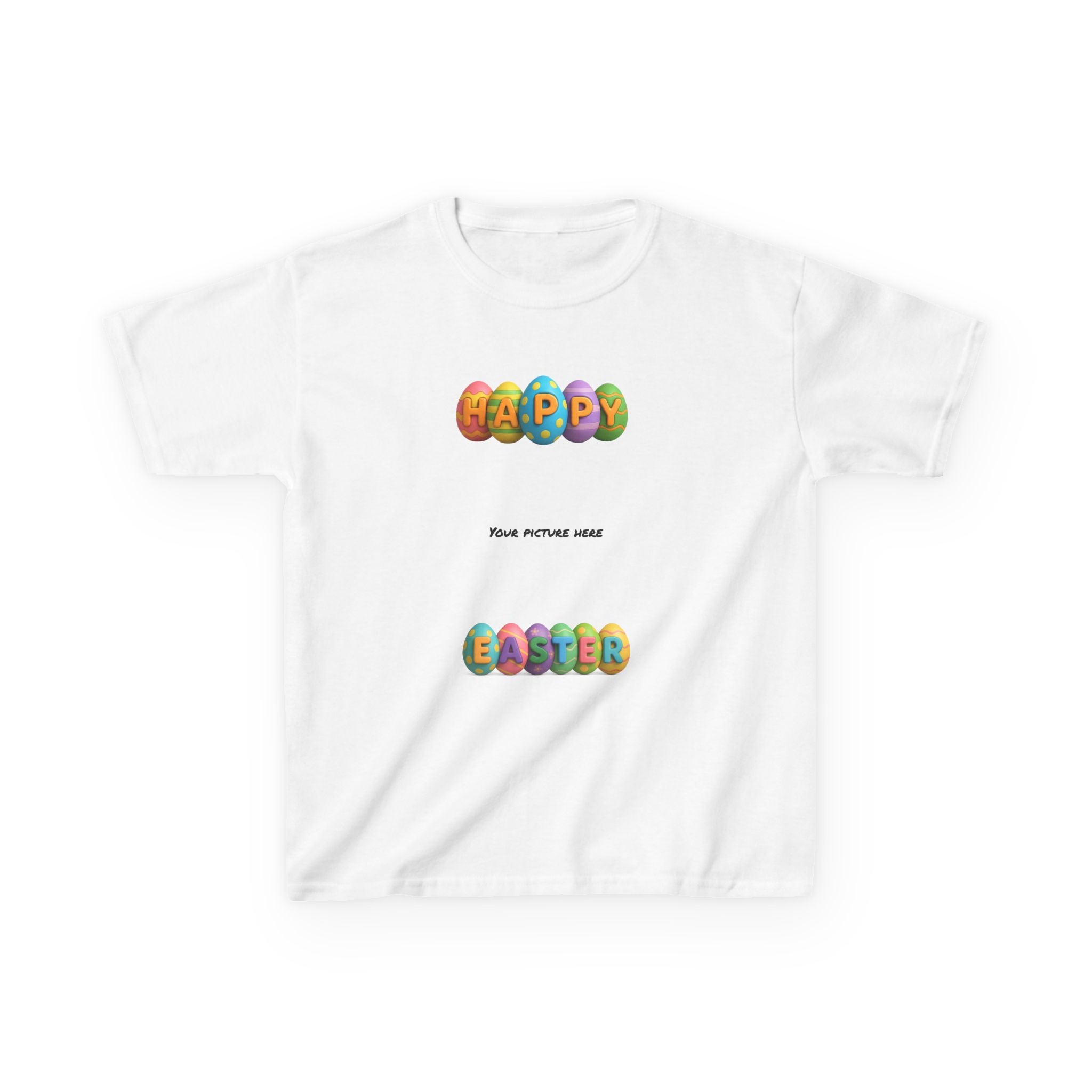 Kids Easter Tee — "Happy Easter" Colorful Egg Letters with Personalized Photo