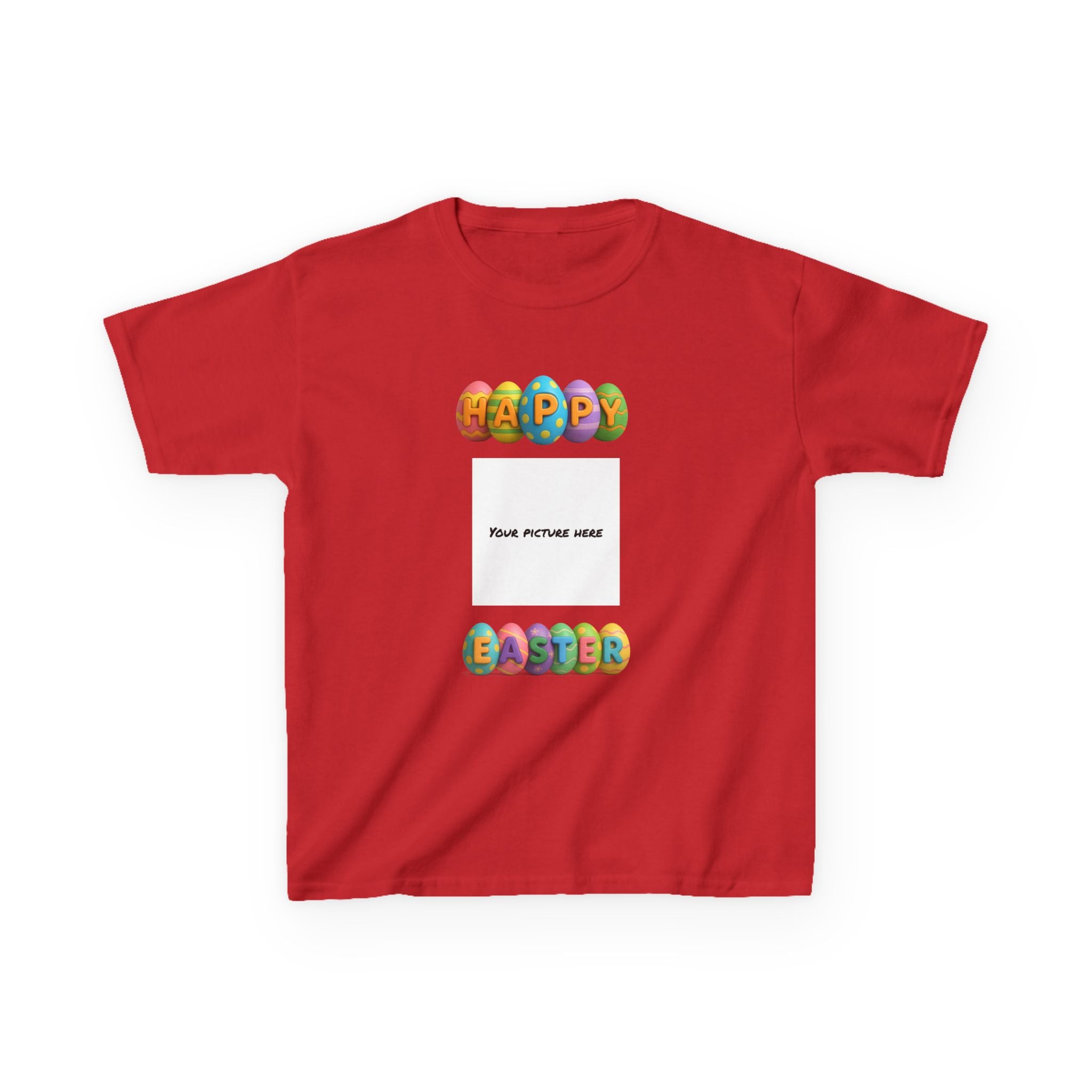 Kids Easter Tee — "Happy Easter" Colorful Egg Letters with Personalized Photo