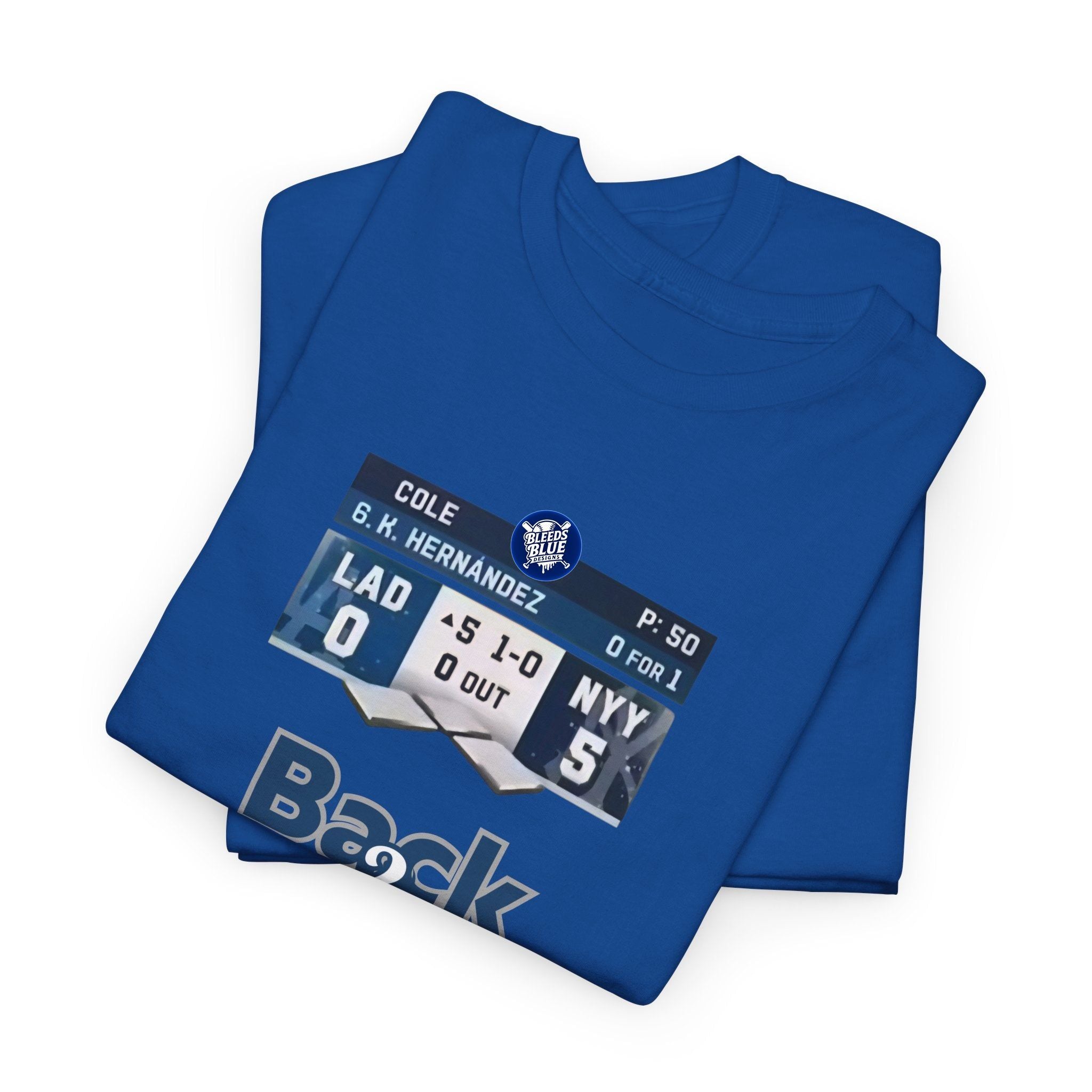 Folded blue t-shirt with sports-themed design on a white background