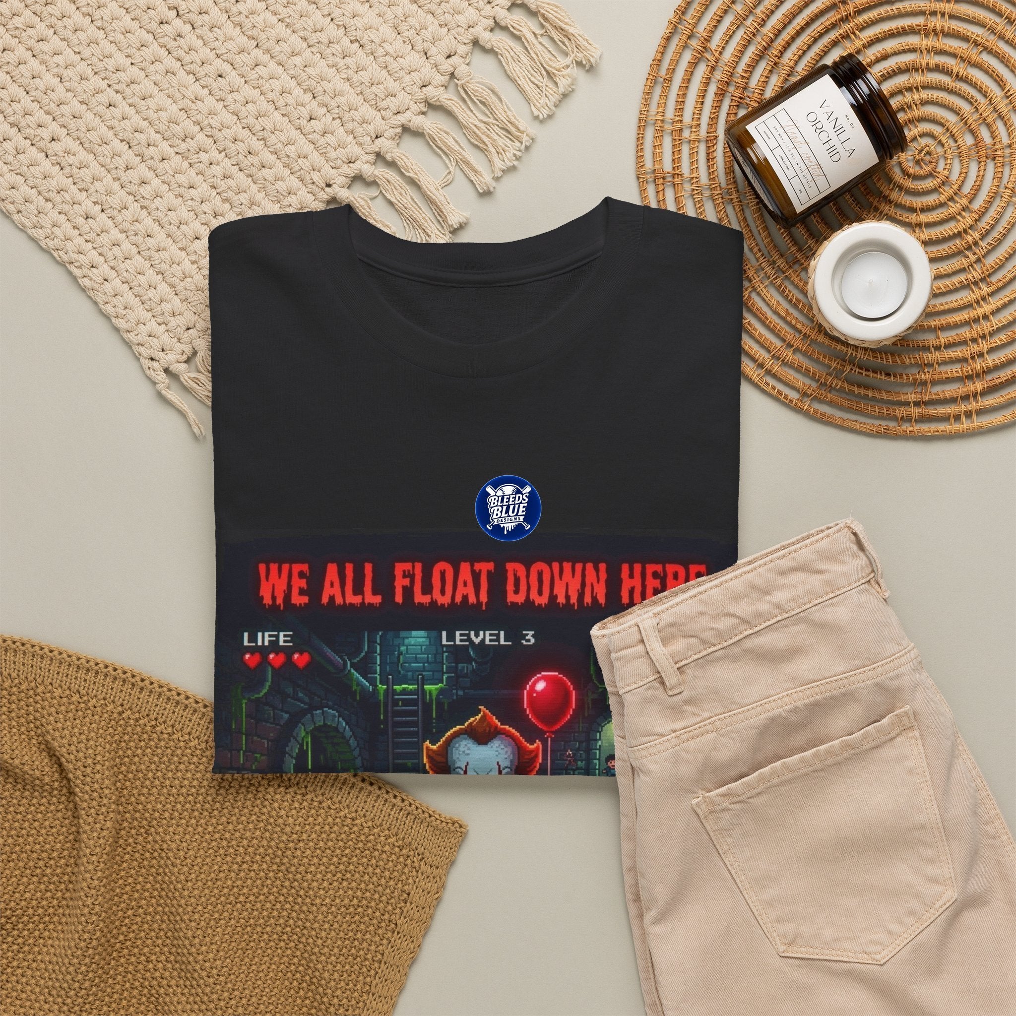 Halloween We All Float Down Here Pennywise Retro Arcade Spooky Season T-Shirt