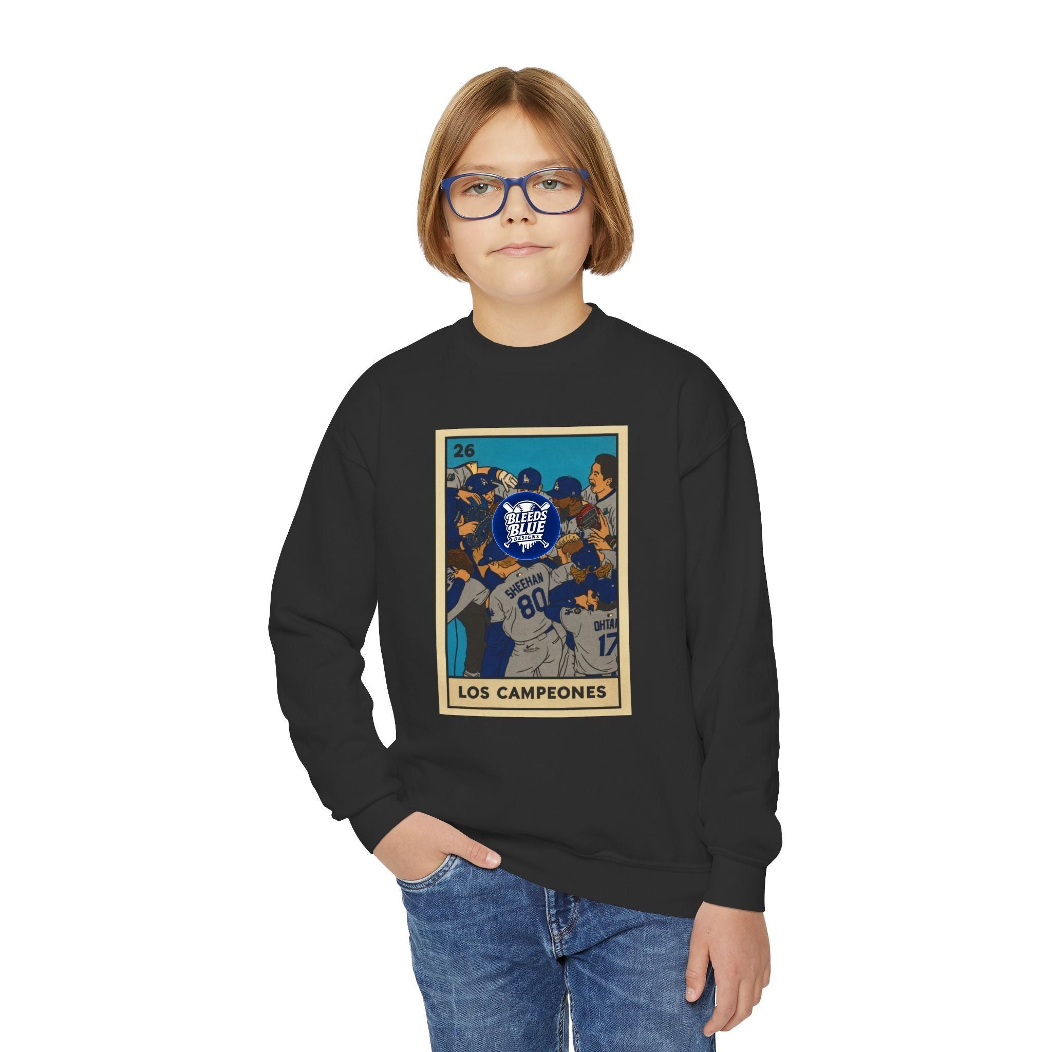 Dodgers "Los Campeones" Loteria Card Kids Sweatshirt - Unisex Crewneck Casual Streetwear