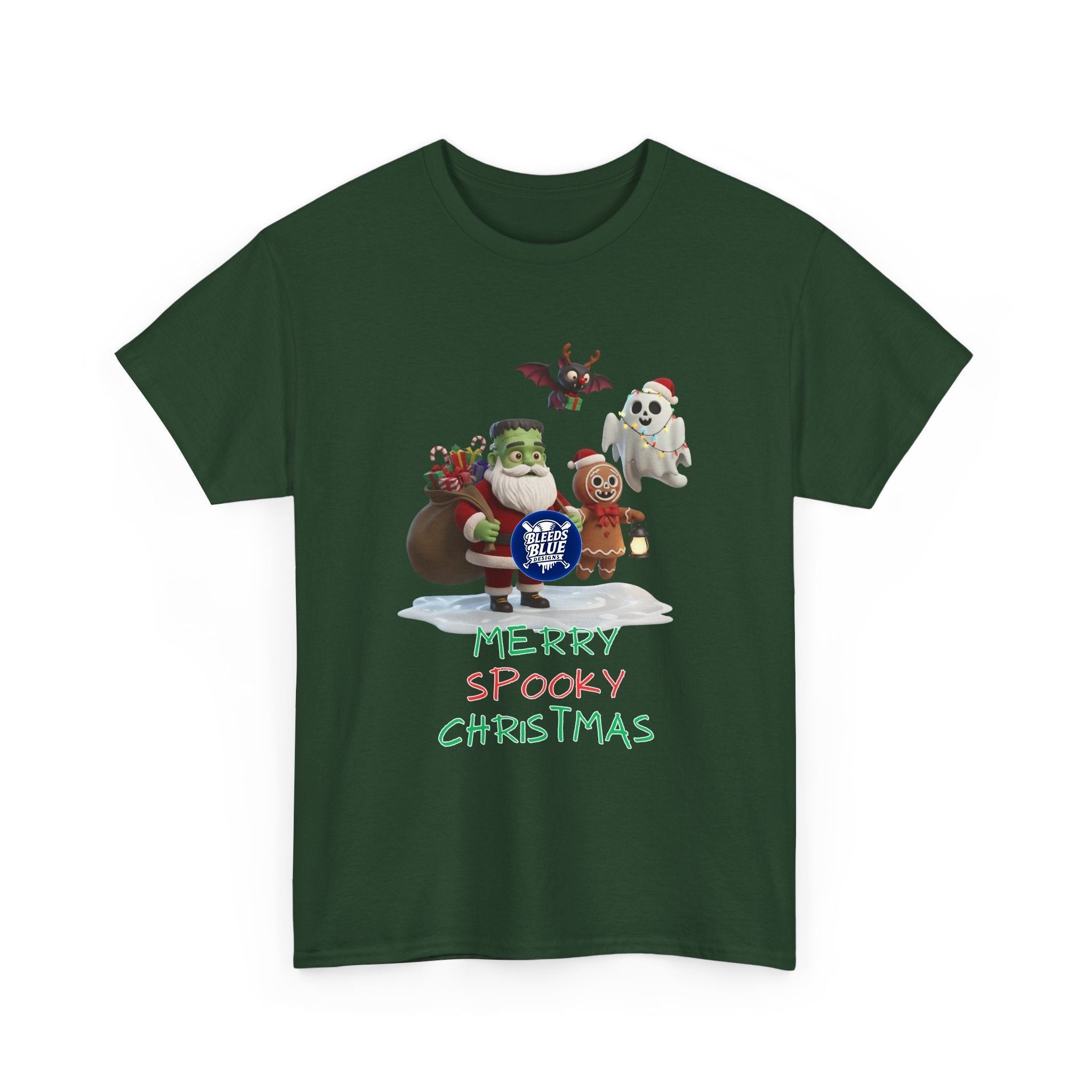 Holiday Merry Spooky Characters Christmas Tee Shirt - Unisex Heavy Cotton Casual Fit