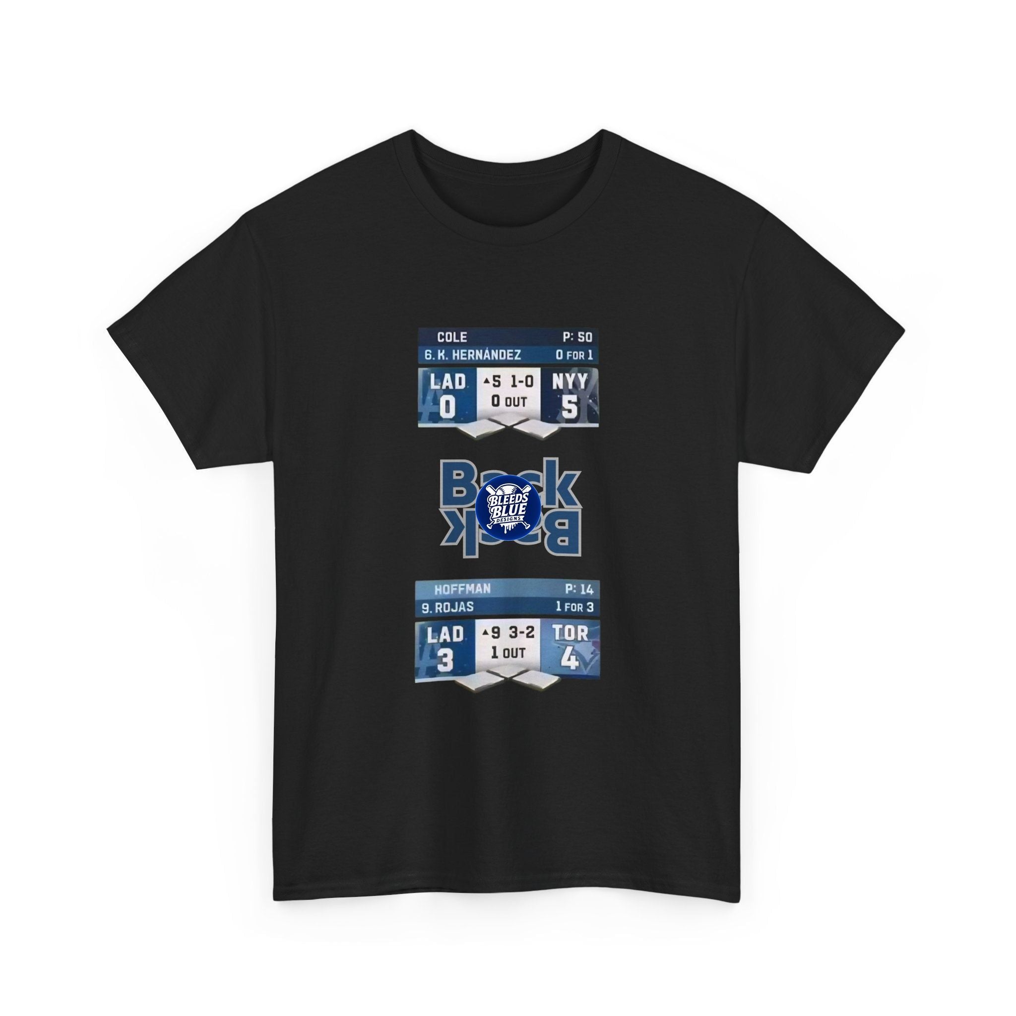 Black t-shirt with sports-themed graphic design on a white background