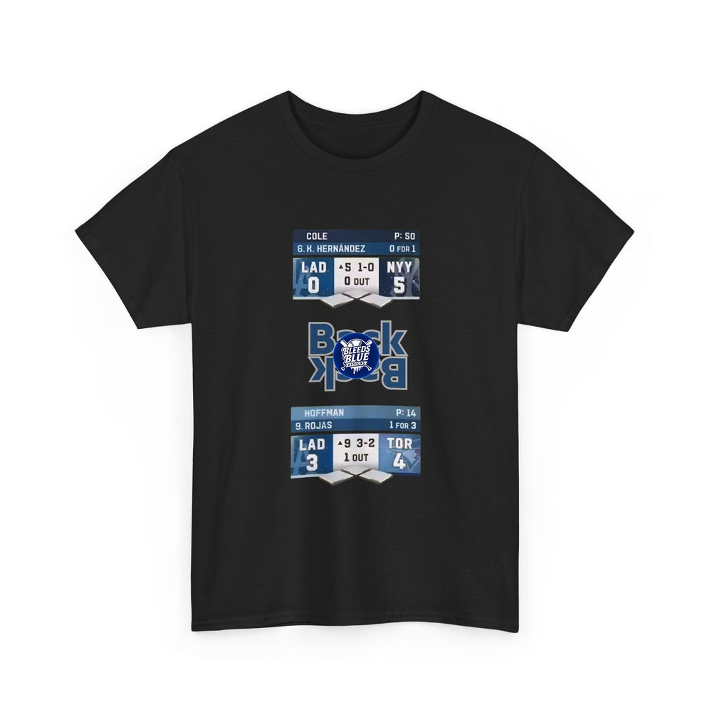 Black t-shirt with sports-themed graphic design on a white background