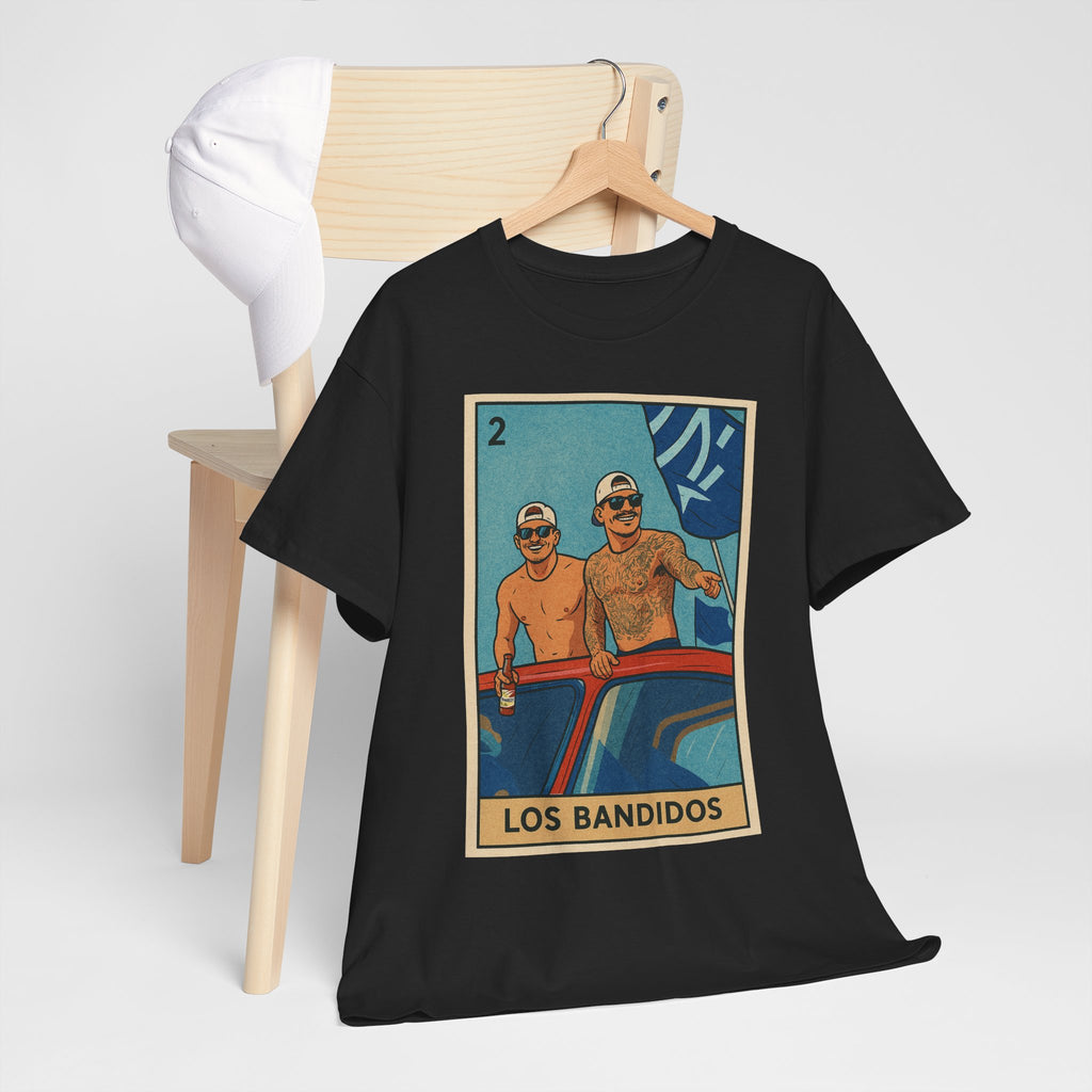 Kike and Banda Los Bandidos Loteria Card Tee Shirt - Unisex Heavy Cotton Tee Casual Fit