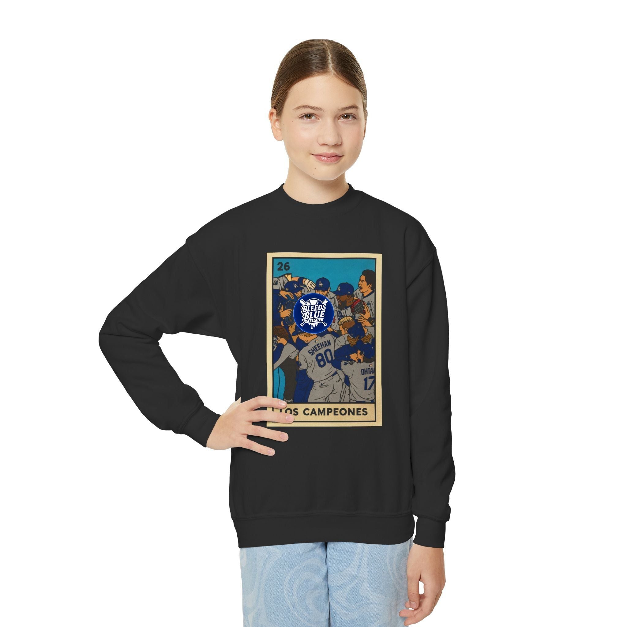 Dodgers "Los Campeones" Loteria Card Kids Sweatshirt - Unisex Crewneck Casual Streetwear