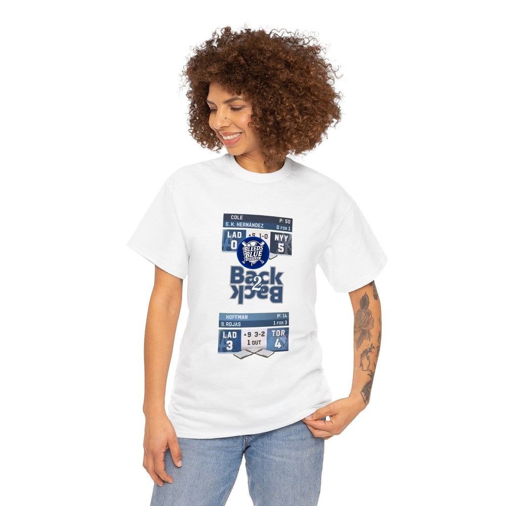 Woman wearing a white t-shirt with sports-themed design on a white background