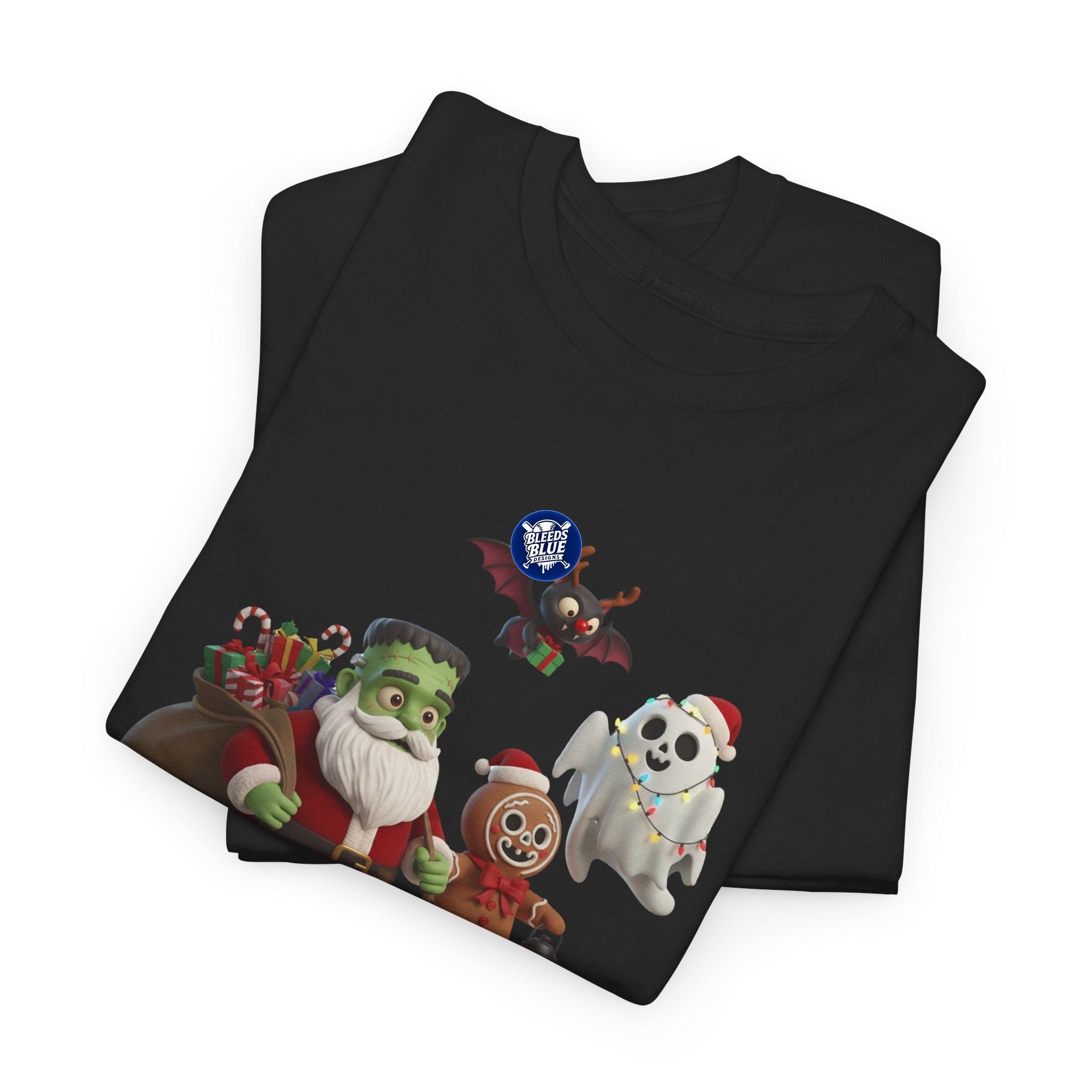 Holiday Merry Spooky Characters Christmas Tee Shirt - Unisex Heavy Cotton Casual Fit