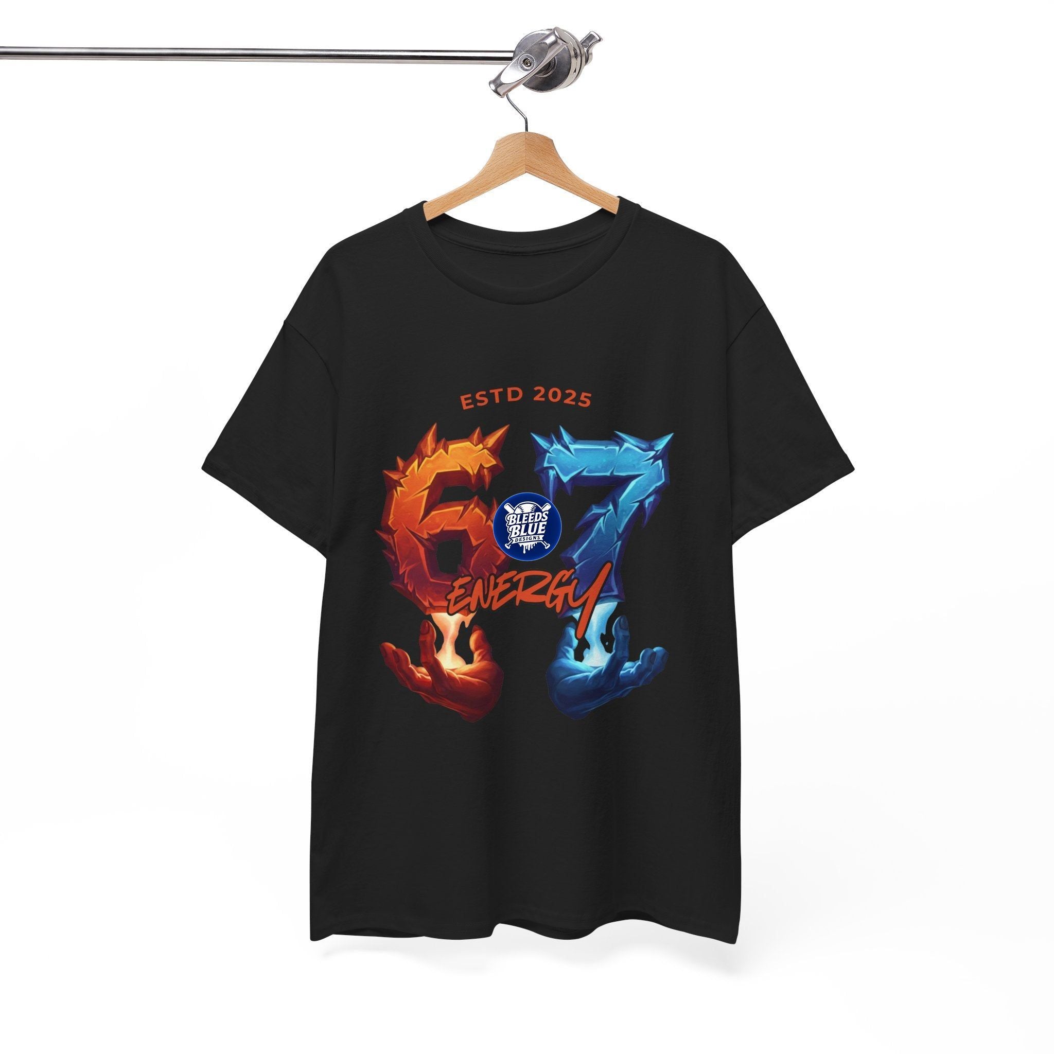 Black t-shirt with colorful graphic design on a hanger against a white background