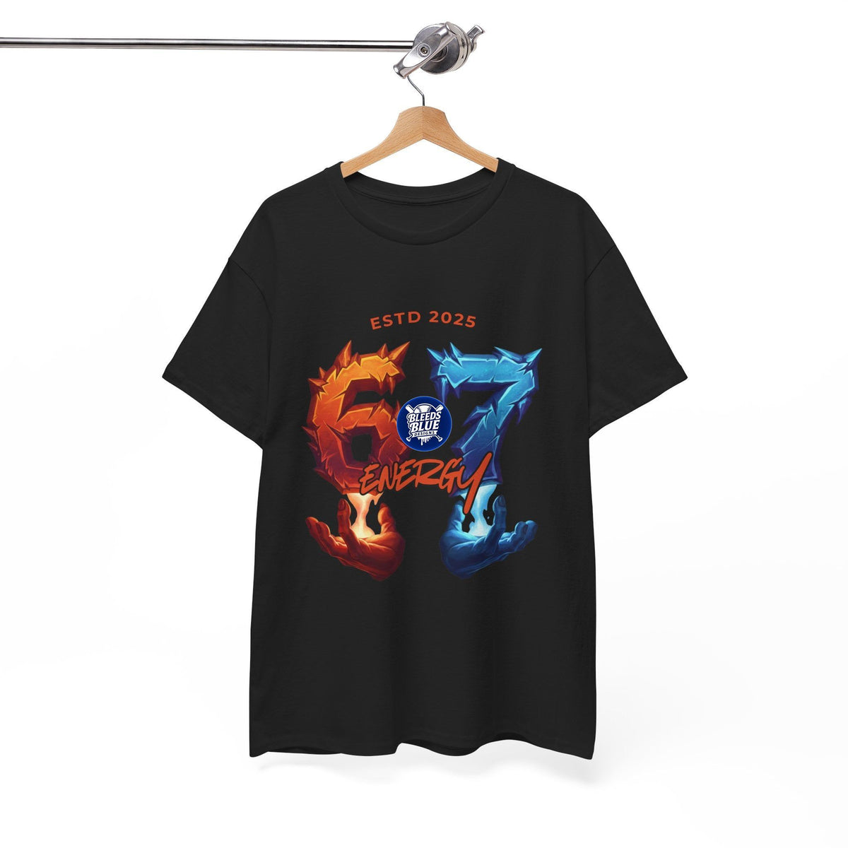 Black t-shirt with colorful graphic design on a hanger against a white background