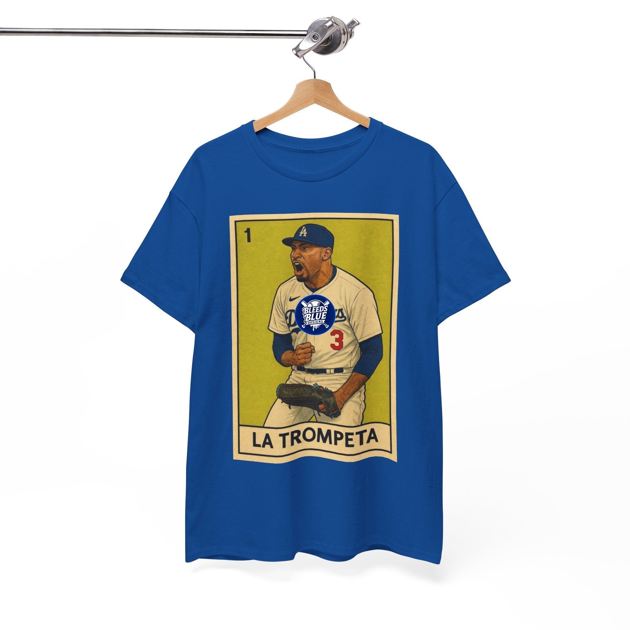 Blue t-shirt with a graphic of a baseball player and text on a hanger against a white background