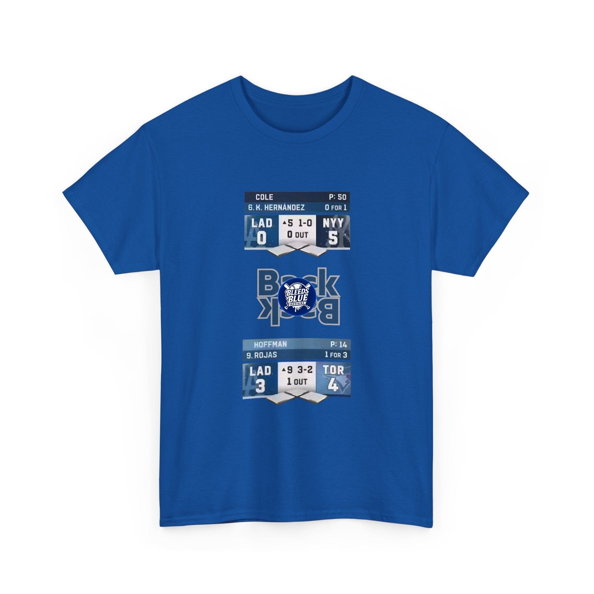 Blue t-shirt with sports-themed graphic on a white background