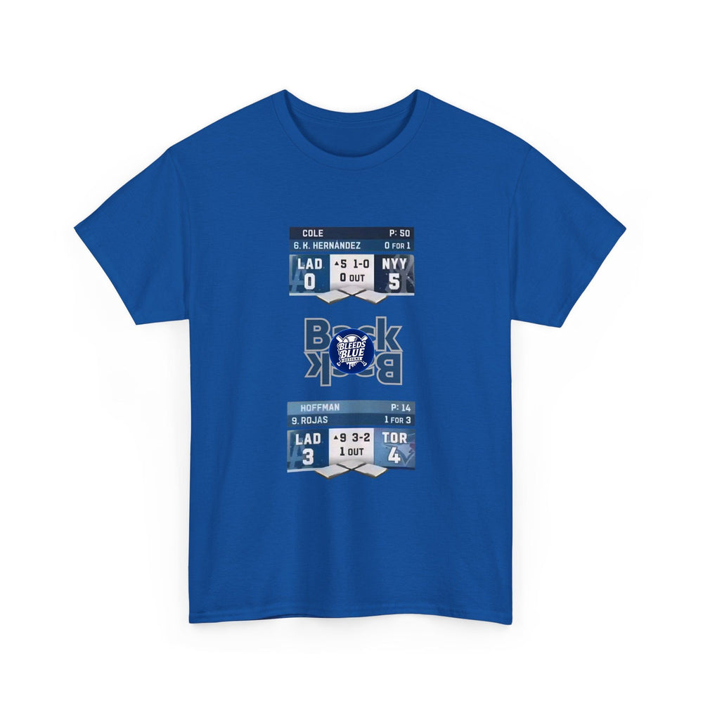 Blue t-shirt with sports-themed graphic on a white background