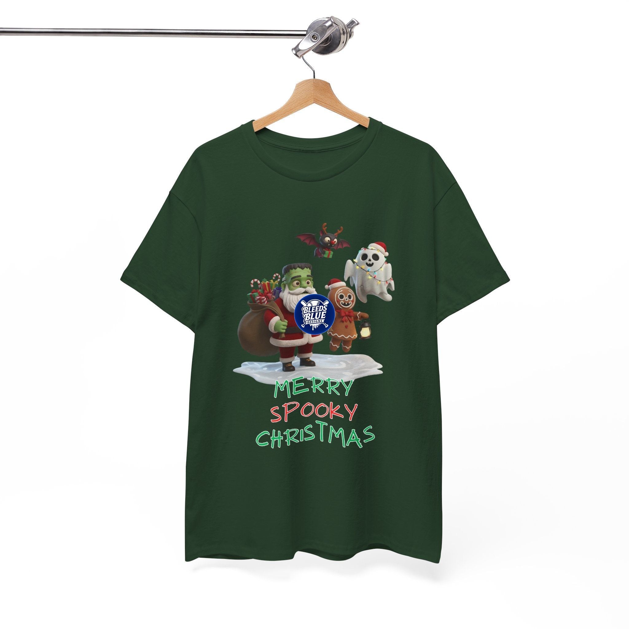 Holiday Merry Spooky Characters Christmas Tee Shirt - Unisex Heavy Cotton Casual Fit