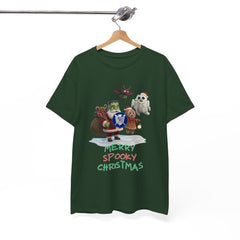 Holiday Merry Spooky Characters Christmas Tee Shirt - Unisex Heavy Cotton Casual Fit