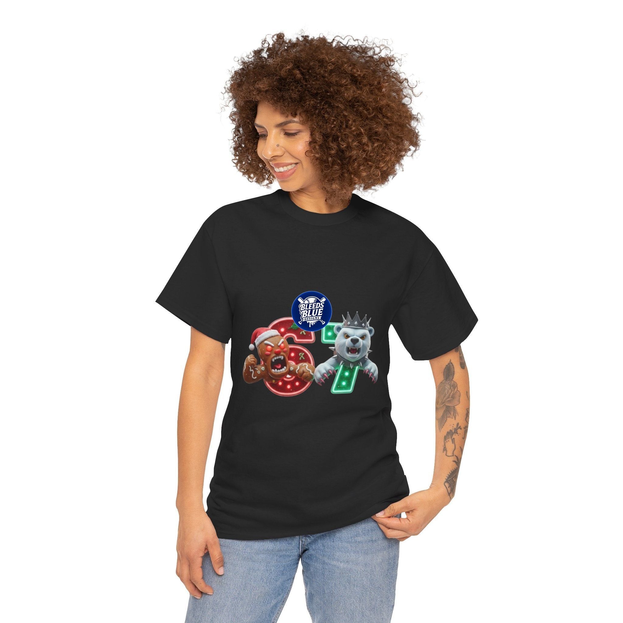 Holiday Christmas Gingerbread and Polar 67 Tee Shirt - Unisex Heavy Cotton Casual Fit