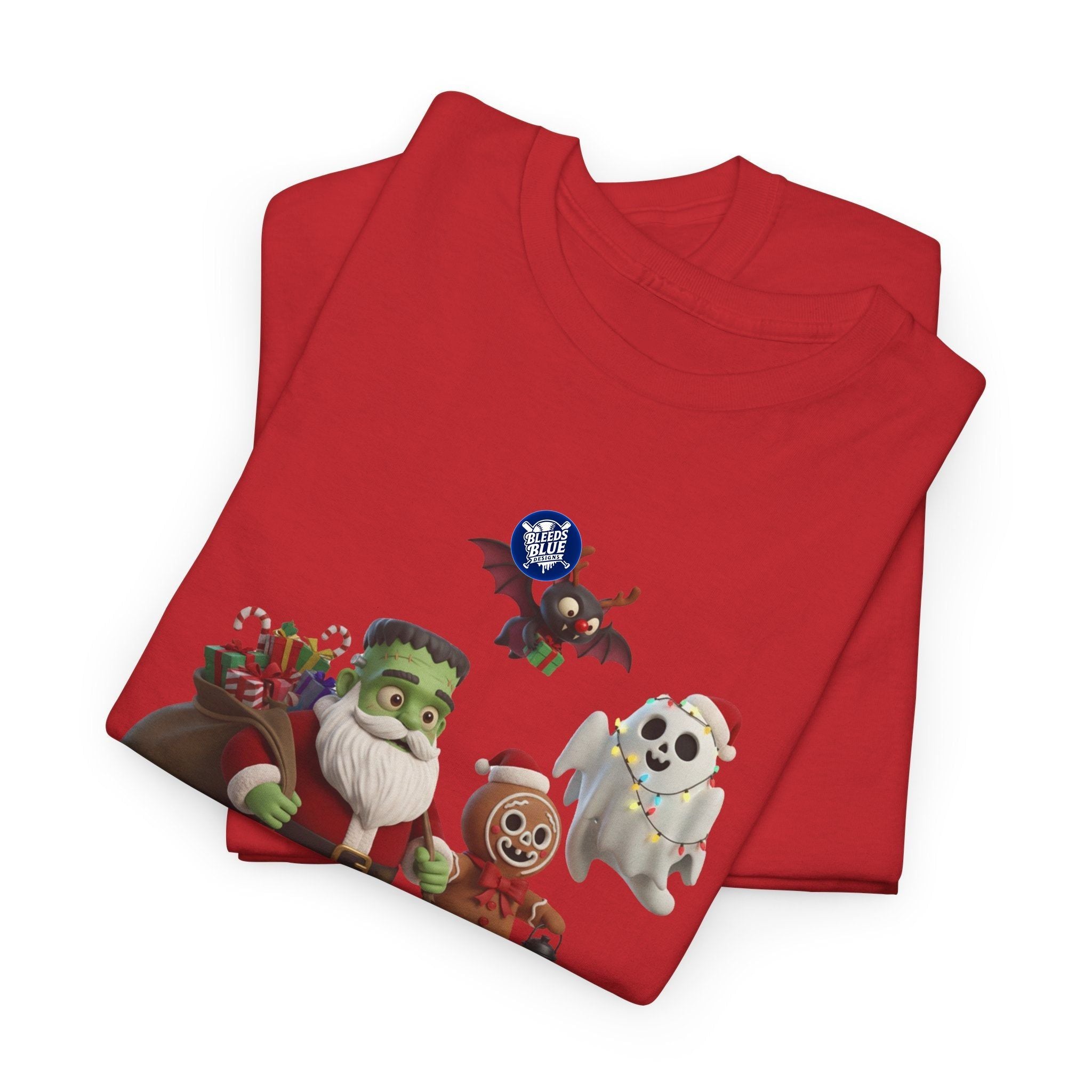 Holiday Merry Spooky Characters Christmas Tee Shirt - Unisex Heavy Cotton Casual Fit