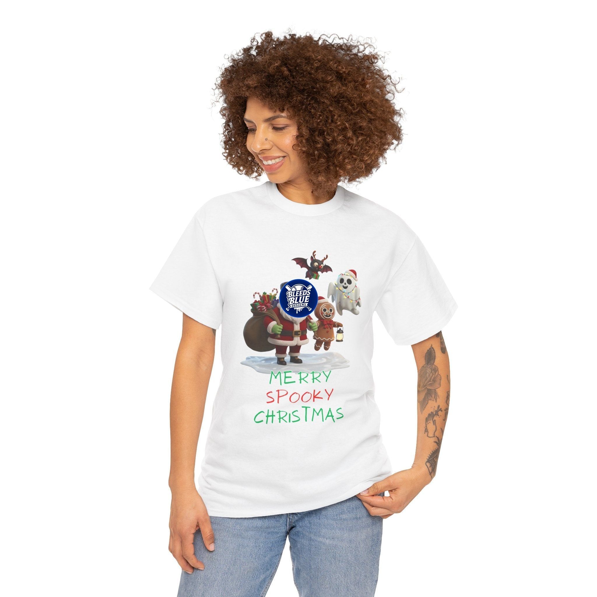 Holiday Merry Spooky Characters Christmas Tee Shirt - Unisex Heavy Cotton Casual Fit