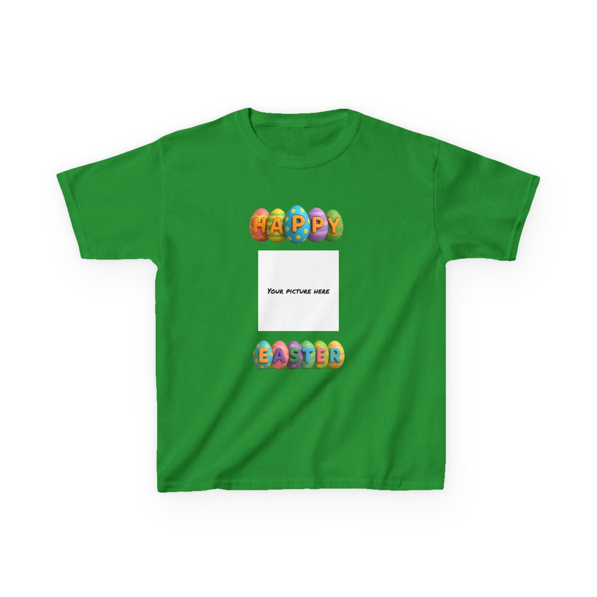 Kids Easter Tee — "Happy Easter" Colorful Egg Letters with Personalized Photo