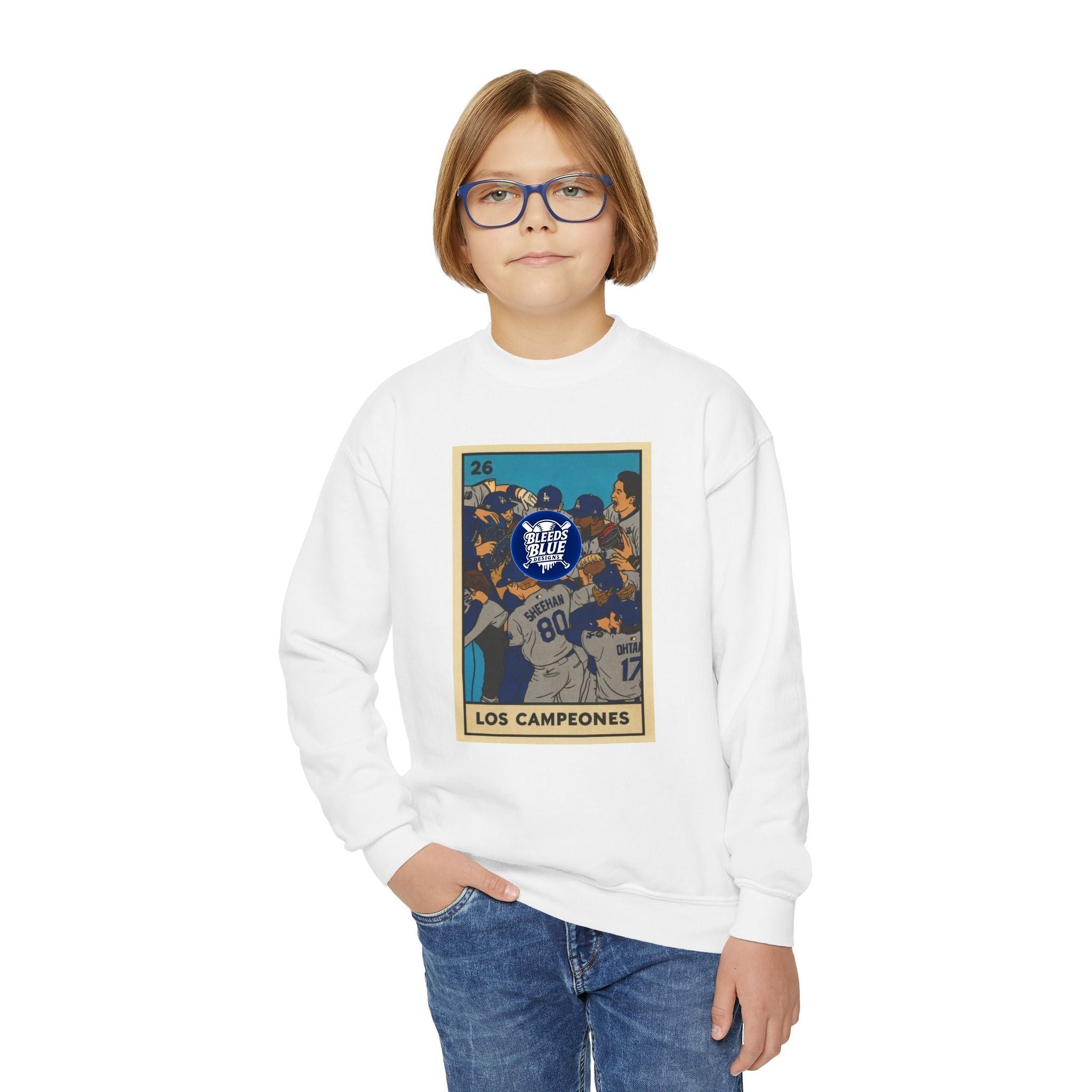 Dodgers "Los Campeones" Loteria Card Kids Sweatshirt - Unisex Crewneck Casual Streetwear