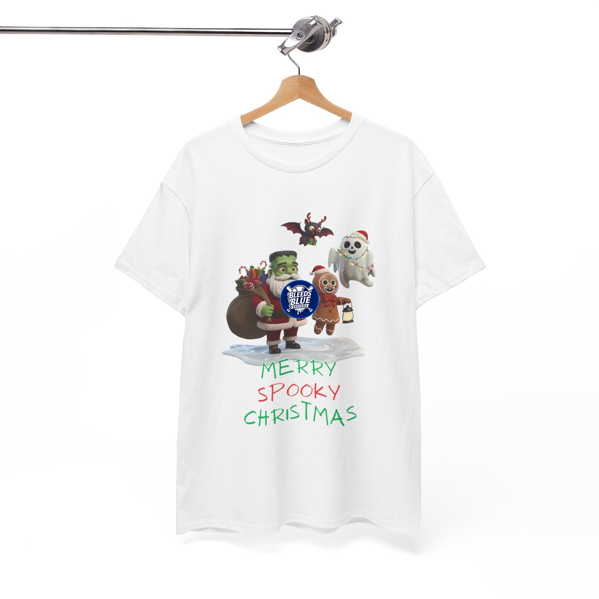 Holiday Merry Spooky Characters Christmas Tee Shirt - Unisex Heavy Cotton Casual Fit