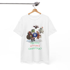 Holiday Merry Spooky Characters Christmas Tee Shirt - Unisex Heavy Cotton Casual Fit
