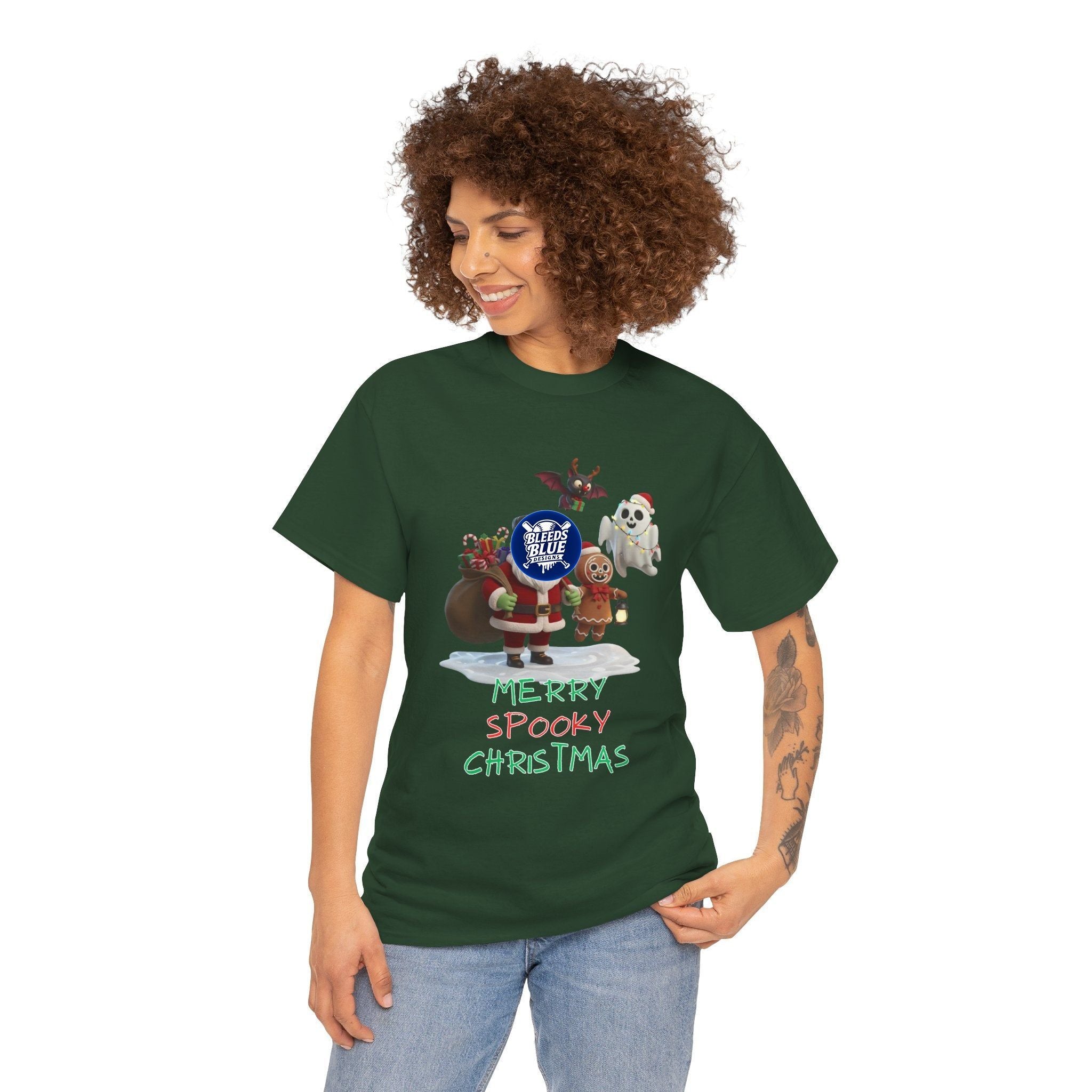 Holiday Merry Spooky Characters Christmas Tee Shirt - Unisex Heavy Cotton Casual Fit