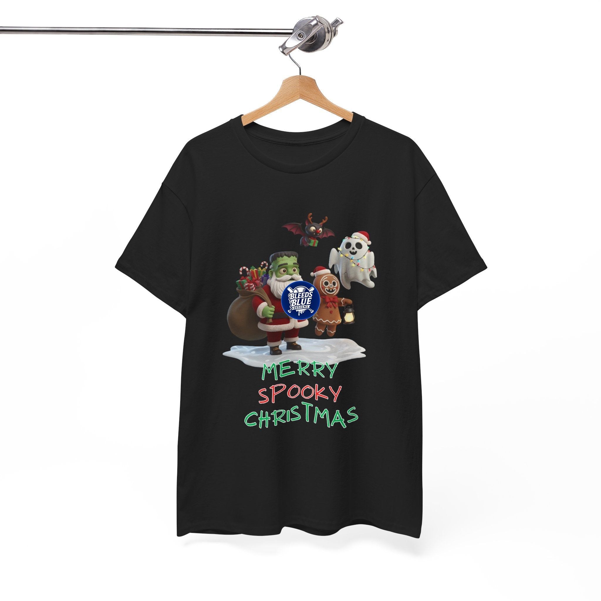 Holiday Merry Spooky Characters Christmas Tee Shirt - Unisex Heavy Cotton Casual Fit