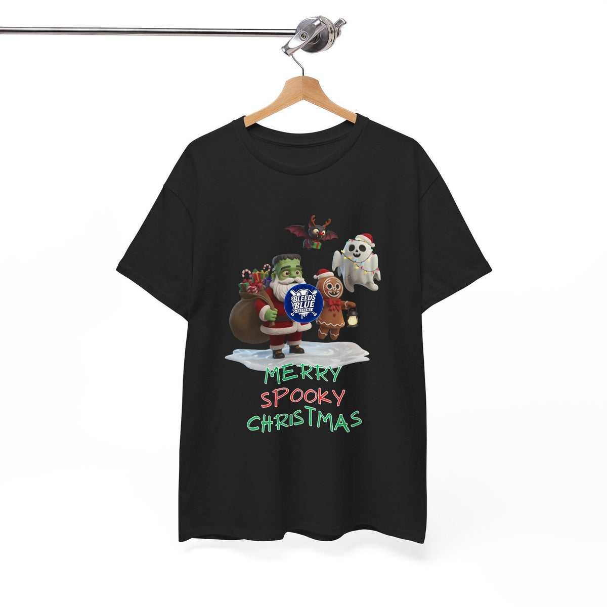 Holiday Merry Spooky Characters Christmas Tee Shirt - Unisex Heavy Cotton Casual Fit