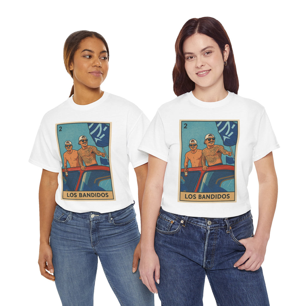 Kike and Banda Los Bandidos Loteria Card Tee Shirt - Unisex Heavy Cotton Tee Casual Fit
