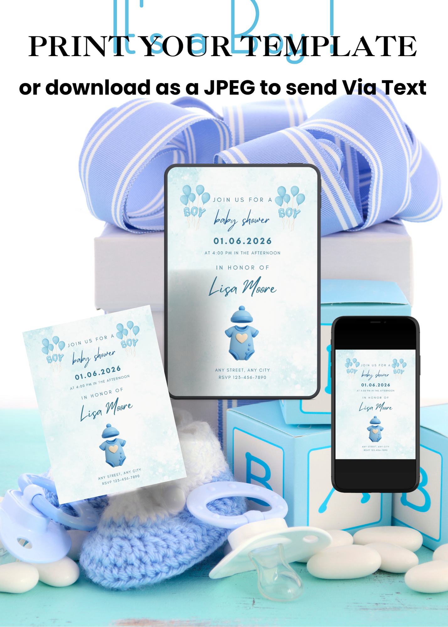 Boy Baby Shower Editable Invitation (Portrait)