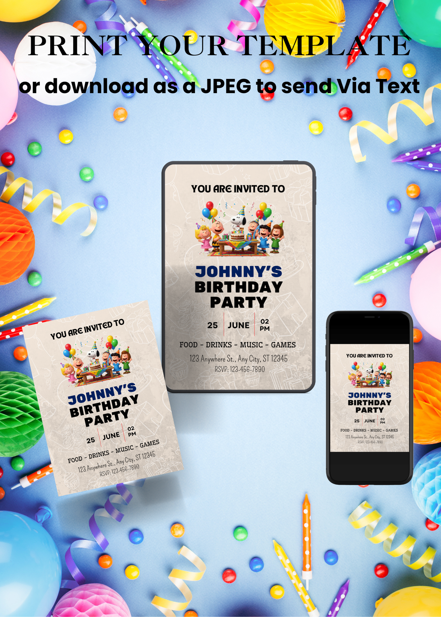 Peanuts Gang Birthday Editable Invitation (Portrait)