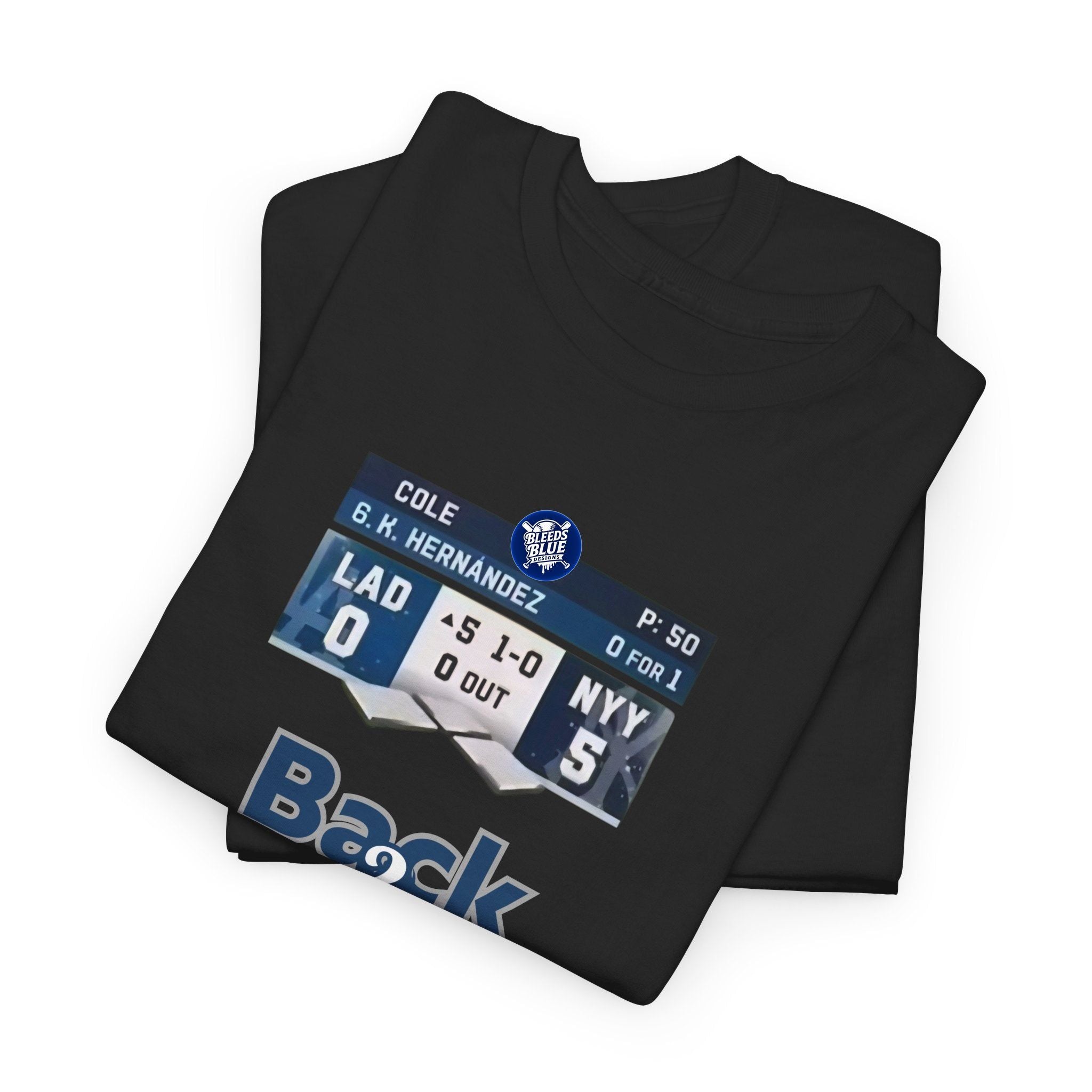Black t-shirt with sports scoreboard design on a white background