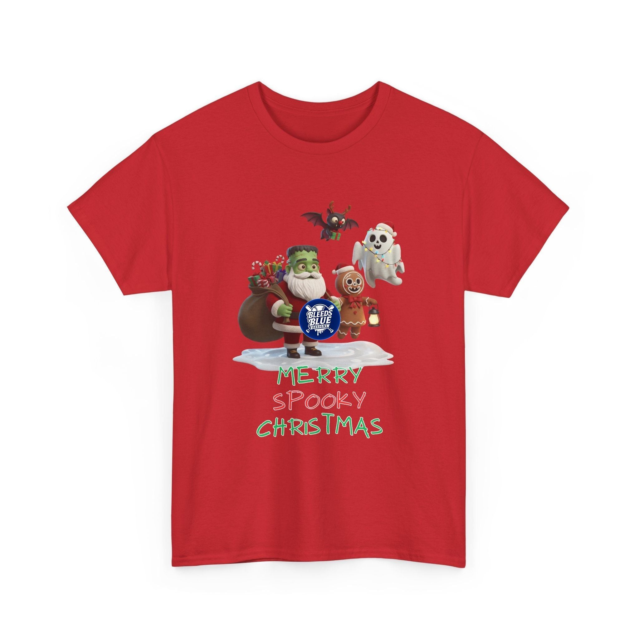 Holiday Merry Spooky Characters Christmas Tee Shirt - Unisex Heavy Cotton Casual Fit