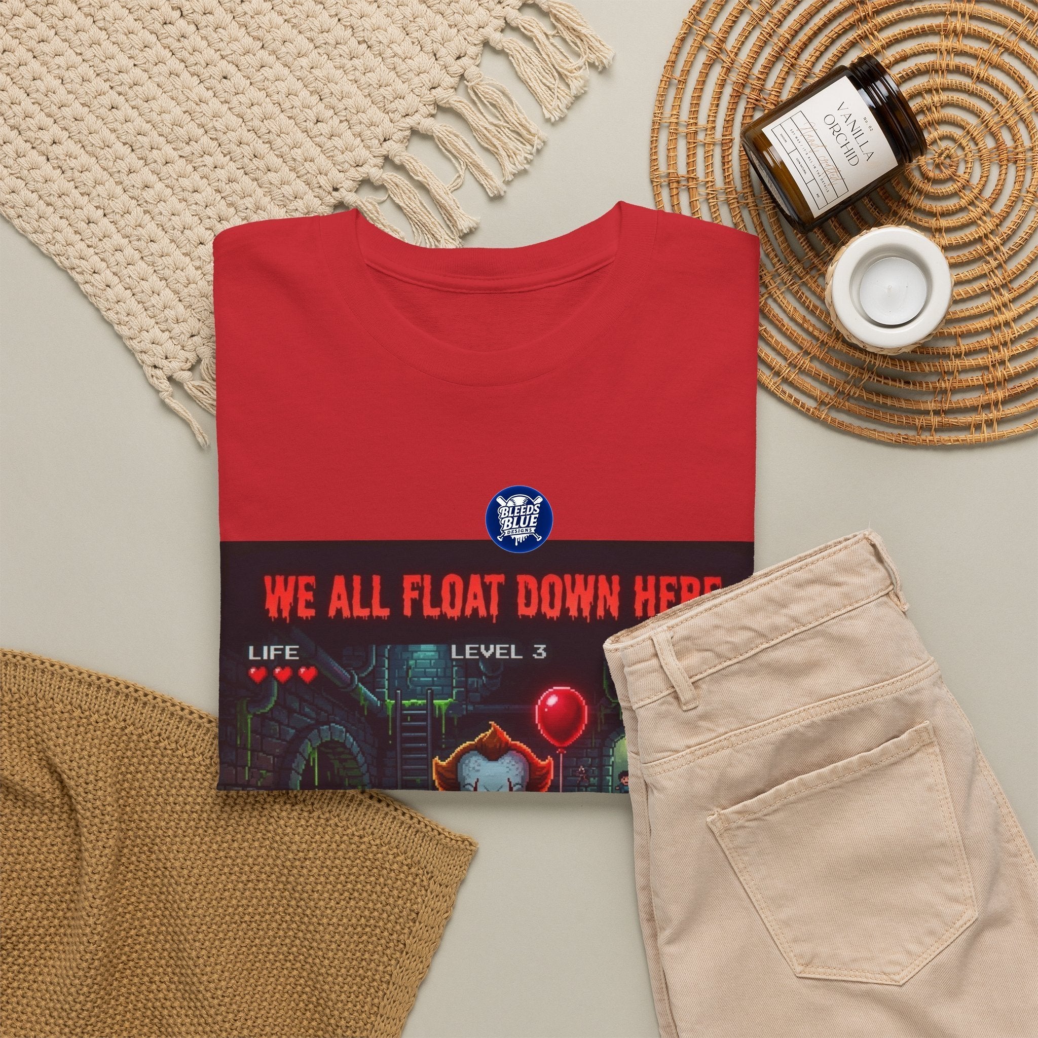 Halloween We All Float Down Here Pennywise Retro Arcade Spooky Season T-Shirt