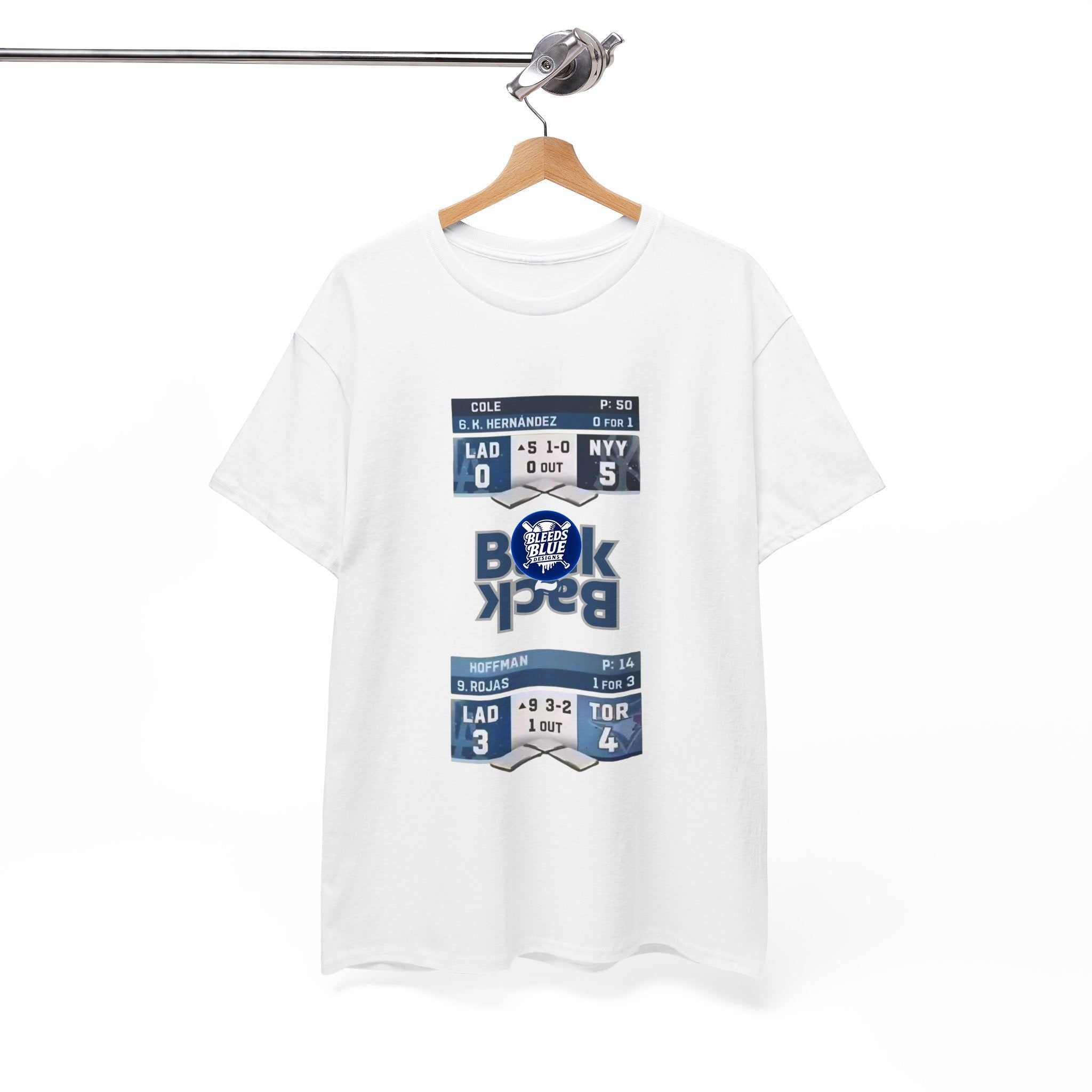 White t-shirt with sports-themed design on a hanger against a white background