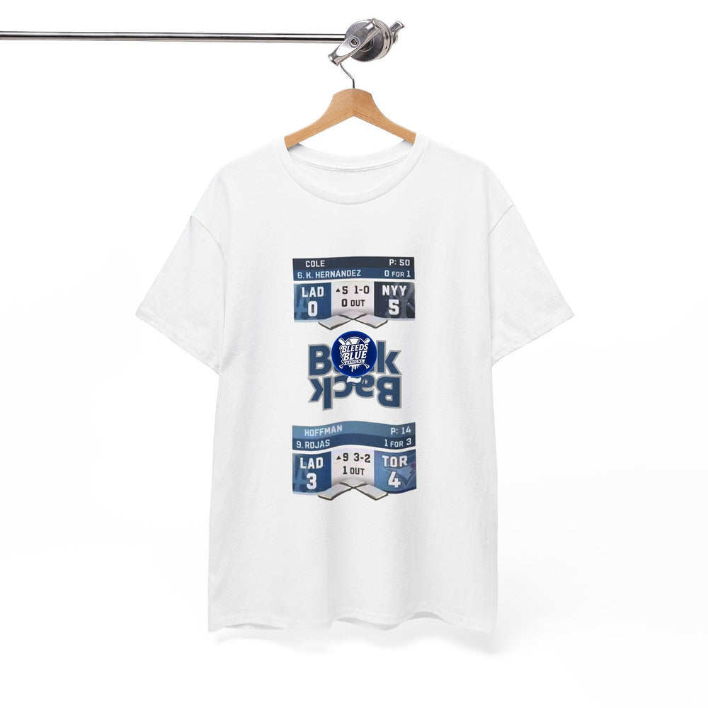 White t-shirt with sports-themed design on a hanger against a white background