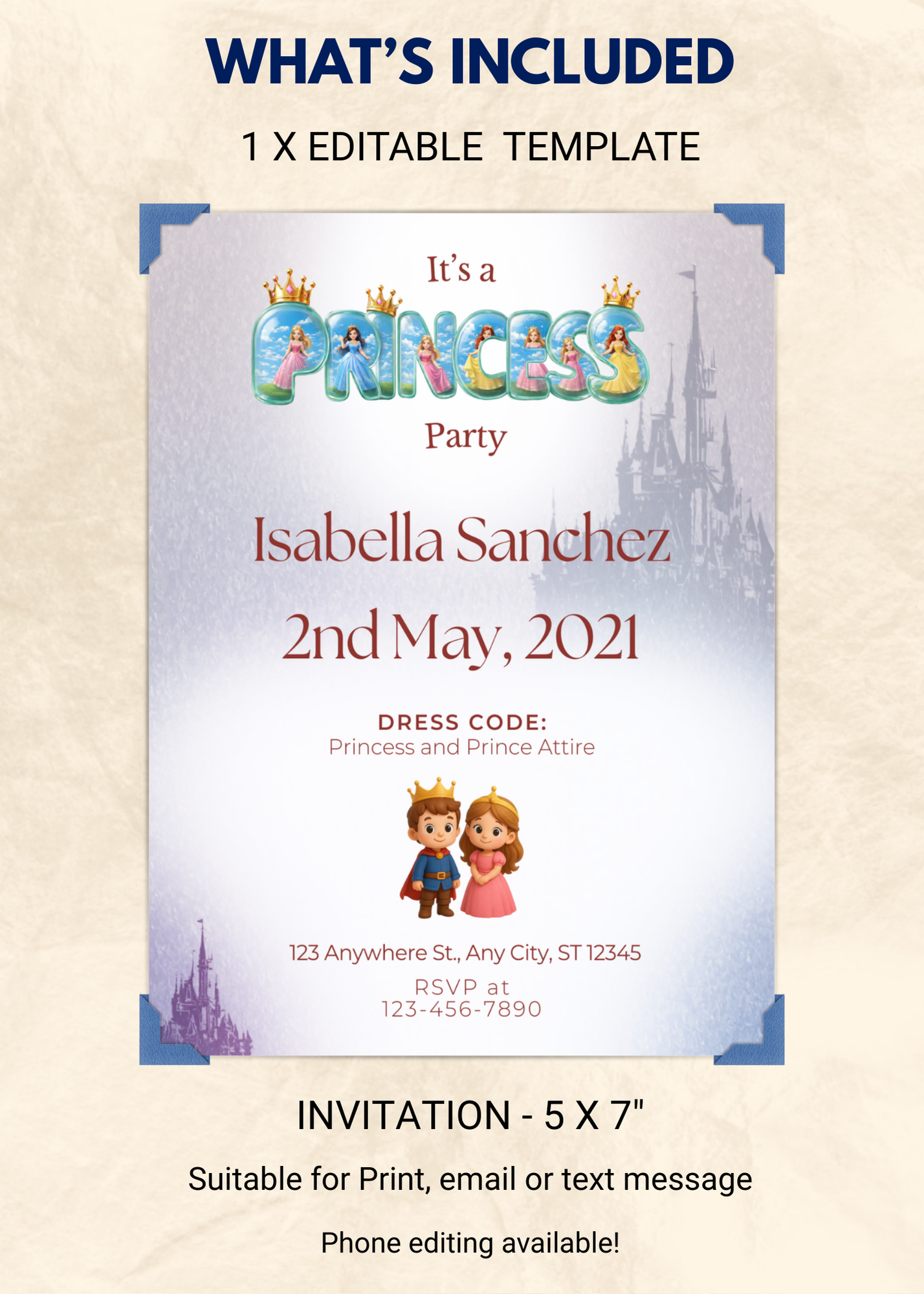 Princess Party Editable Invitation (Portrait)