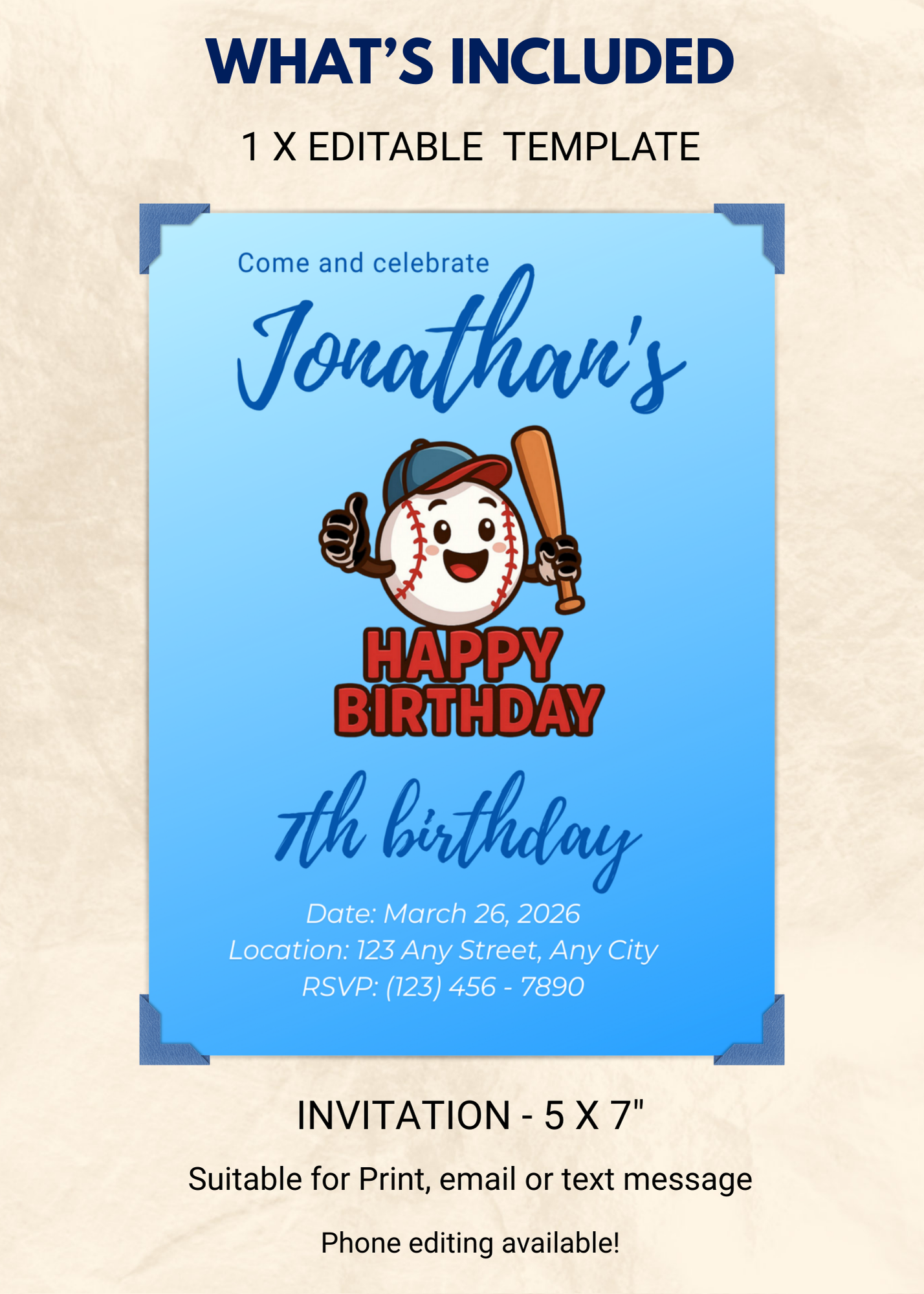Baseball Editable Birthday Invitation (Portrait)