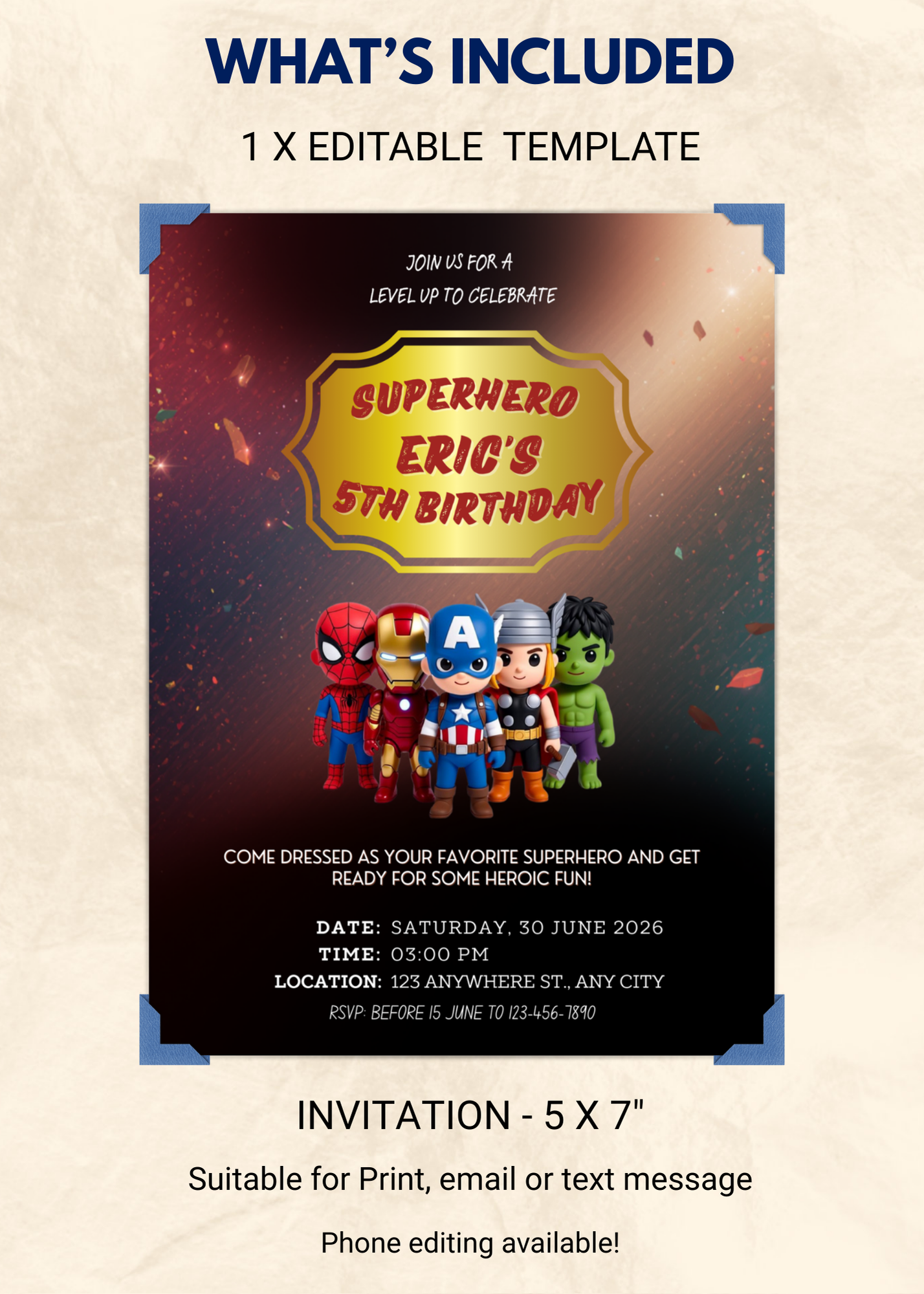 Superhero Birthday Editable Invitation (Portrait)